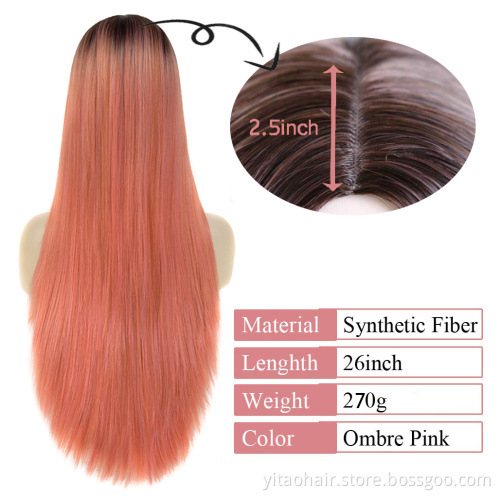 Ombre Colour Hair Cheap Long Natural Straight Synthetic Hair Wig Pastel Pink Cosplay Non Lace Middle Part Wigs for Black Women